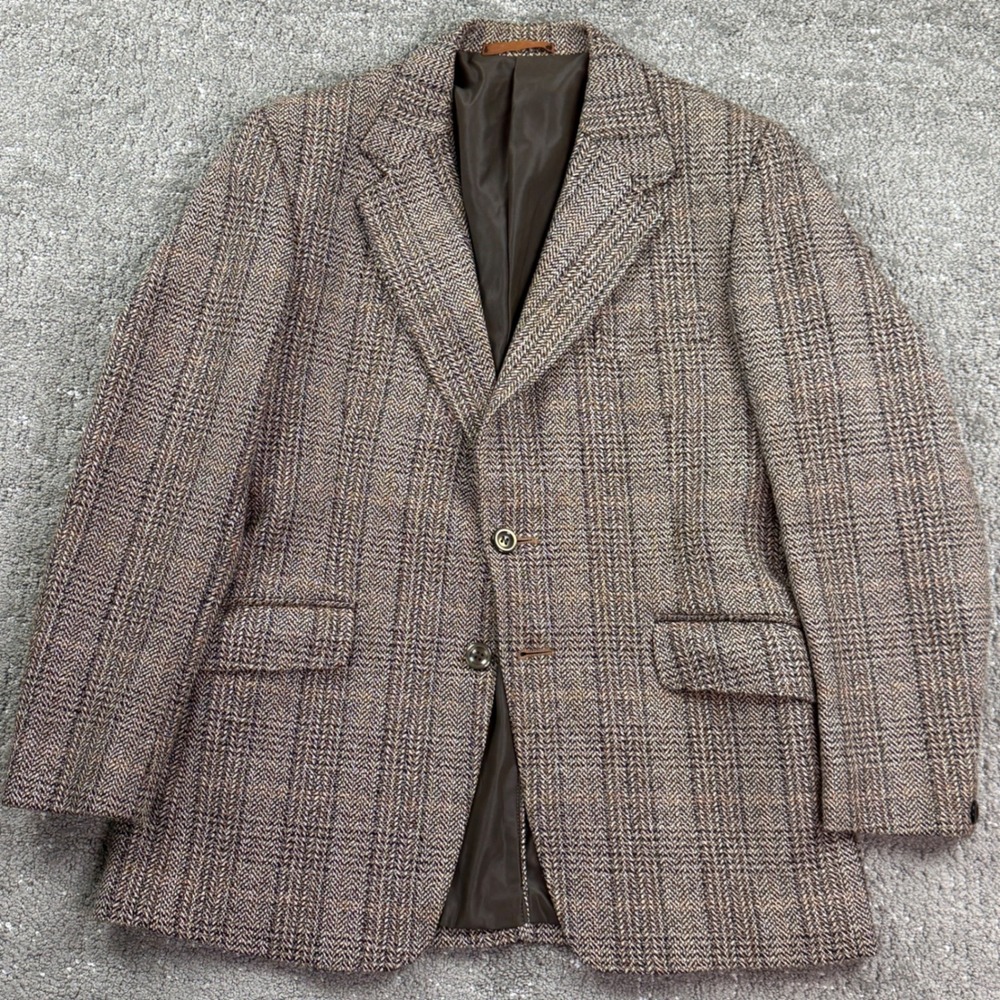 Vintage Yorkers Mens 40R Wool Blend Herringbone Blazer Made England Brown